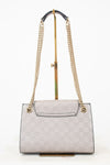 Gray handbag with gold chain strap on a white background