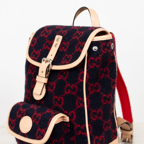 Backpack with red and black pattern on a white background