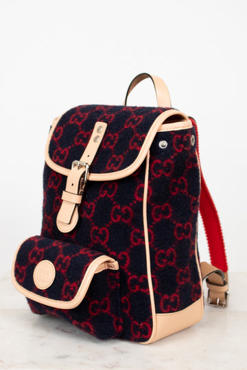 Backpack with red and black pattern on a white background