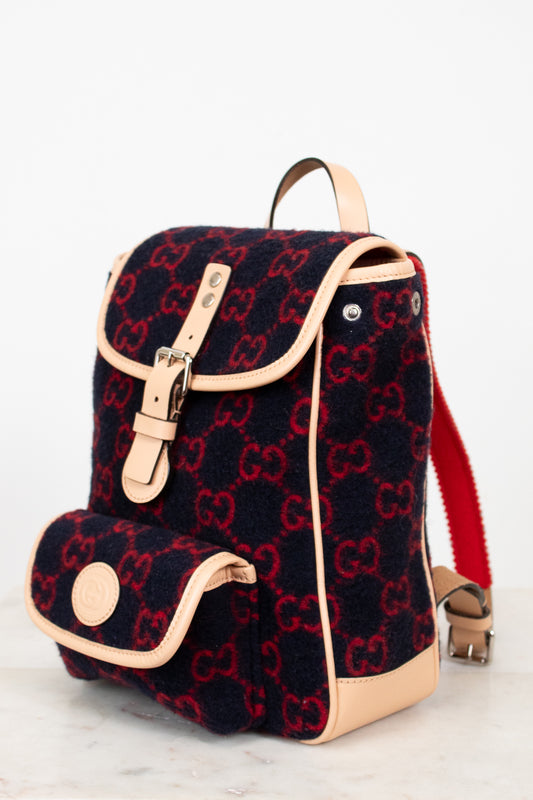 Backpack with red and black pattern on a white background