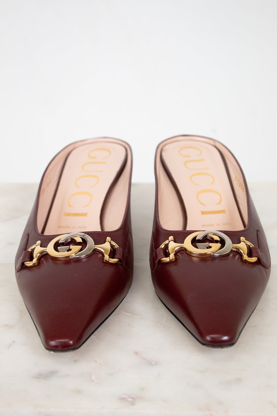 Pair of Gucci shoes with gold and silver logo on a white background
