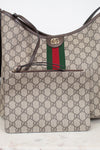 Gucci GG Supreme canvas shoulder bag with a matching zippered pouch, featuring the signature brown GG monogram, green and red web stripe, and brown leather trim.