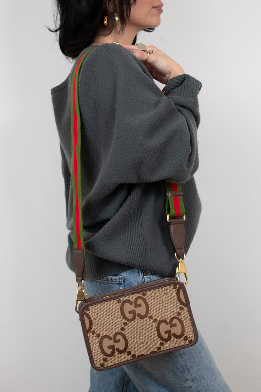 Person wearing a Gucci handbag with a visible logo on a plain background