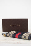 Brown box with branded 'GUCCI' with navy and monogrammed zip around wallet with red and navy striped center detail with gold and bamboo zipper laying against a marble background
