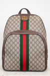 Gucci GG Supreme coated canvas backpack with brown leather trim, a green and red web stripe down the center, and a gold-tone GG logo on the front.