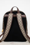 The back view of a Gucci backpack featuring a black mesh back panel, brown leather trim, and beige and brown GG monogram coated canvas shoulder straps.