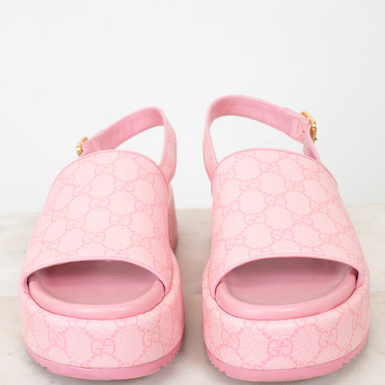 Pink monogram open toe platform sling-back sandals