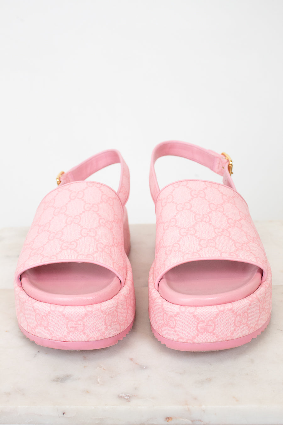Pink monogram open toe platform sling-back sandals