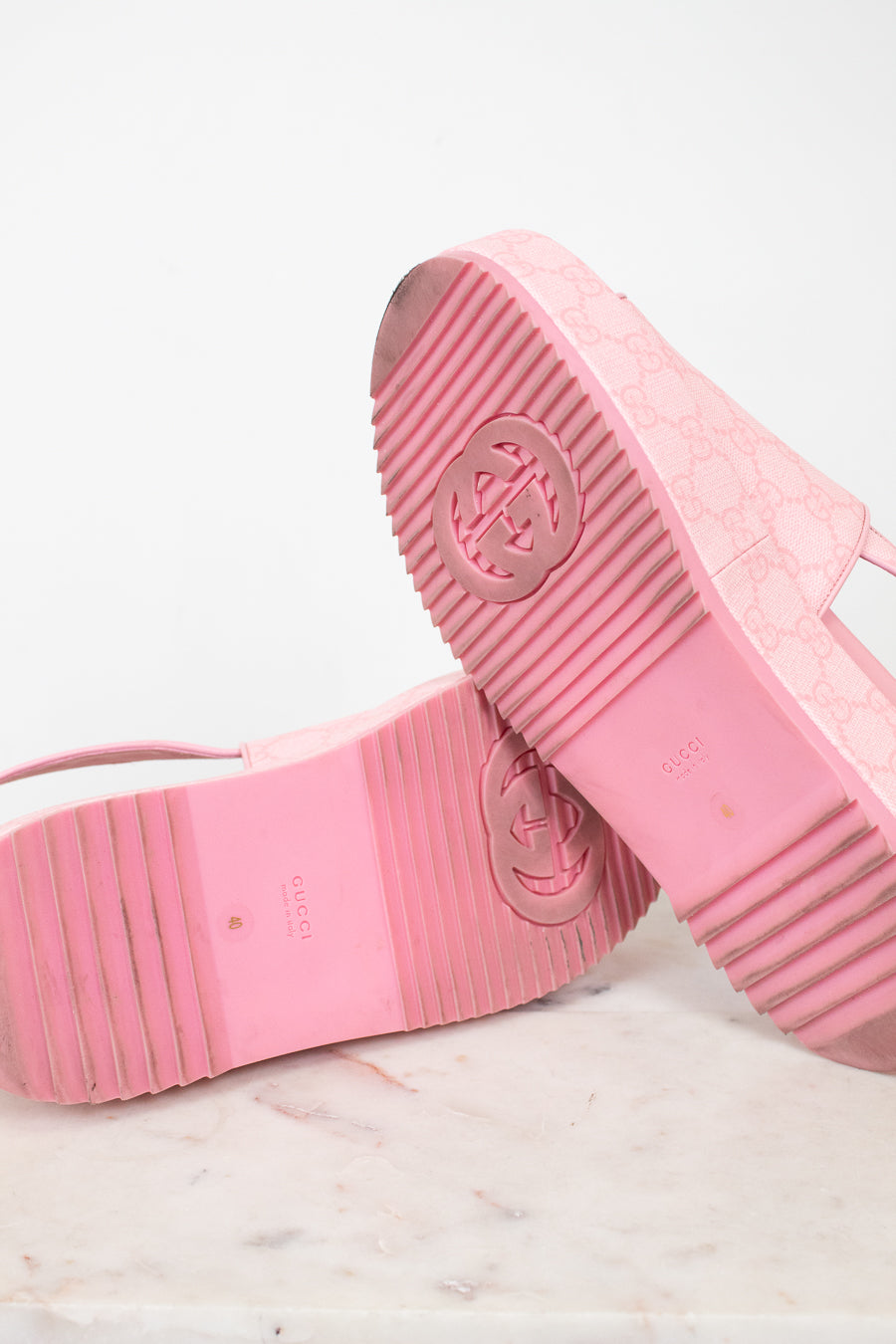 Bottom view of Gucci pink sandals