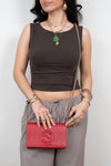 Woman holding a red handbag with a white background