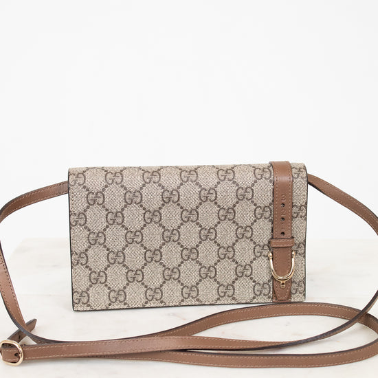 Gucci brown monogram crossbody on white background