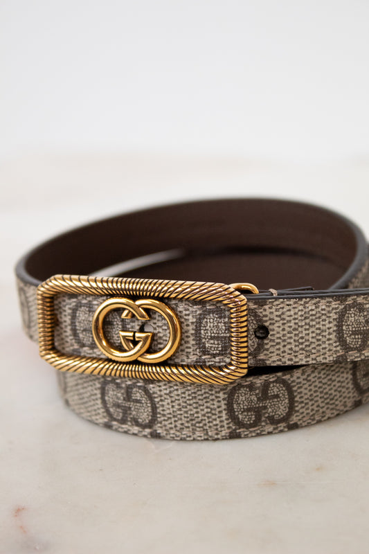 Designer belt with gold buckle on a light background