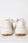 A white leather sneaker photographed from the back set against a plain white background.