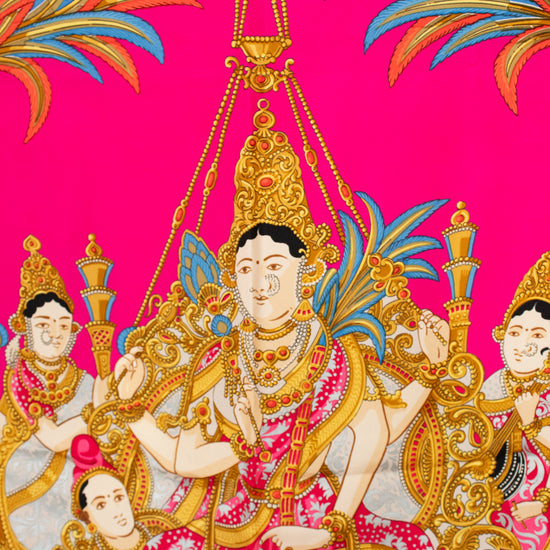 Decorative design scarf with a central figure in ornate attire on a pink background