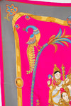 Decorative fabric with peacock design on a pink and gray background