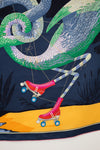 Colorful scarf with a design of legs in pink roller skates and a large green snake on a dark background.