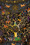A close-up of a highly detailed, colorful Indian folk art textile scarf featuring a central tree motif with birds, horses, and decorative elements on a black background.