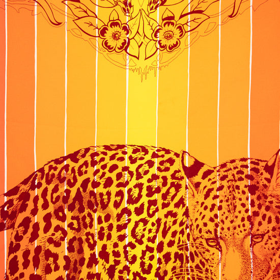 Leopard design with 'Jungle Love' text on an orange and yellow striped background