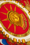 Close-up of a detailed emblem with a gold lion on a red background