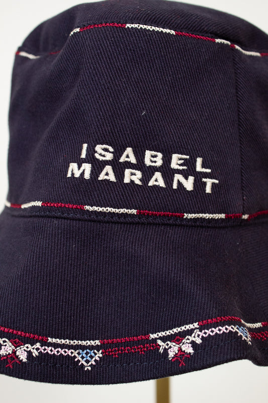 Navy blue bucket hat with 'Isabel Marant' branding on a white background