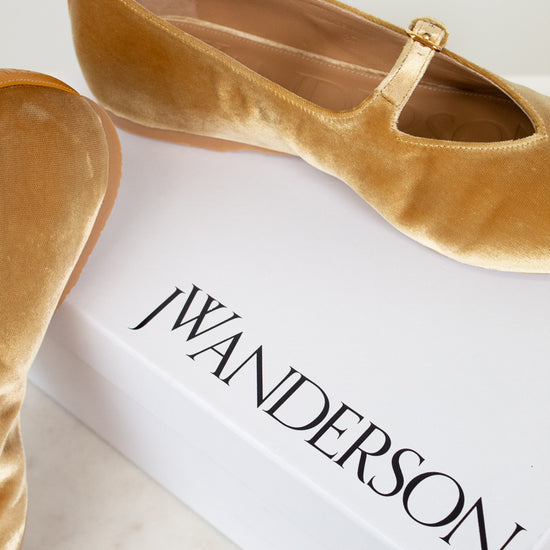 Gold velvet shoes on a white box with 'JW Anderson' branding.