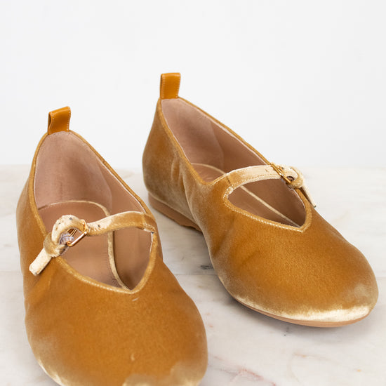 Pair of gold shoes with a strap on a white background