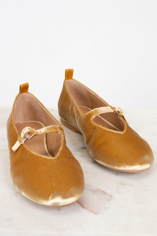 Pair of gold shoes with a strap on a white background