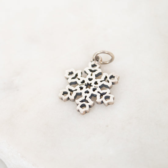 Silver snowflake pendant on a white background