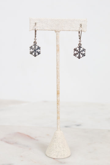 Snowflake earrings on a stand with a white background