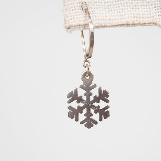 Silver snowflake earring on a white background