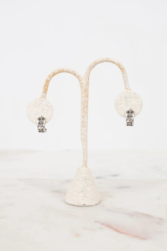 Pair of earrings on a decorative stand with a white background