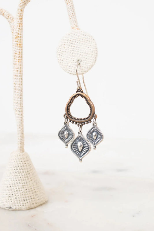 Bronze and silver earrings on a white background