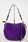 Purple handbag with black straps on a white background