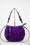 Purple handbag with gold accents on a white background