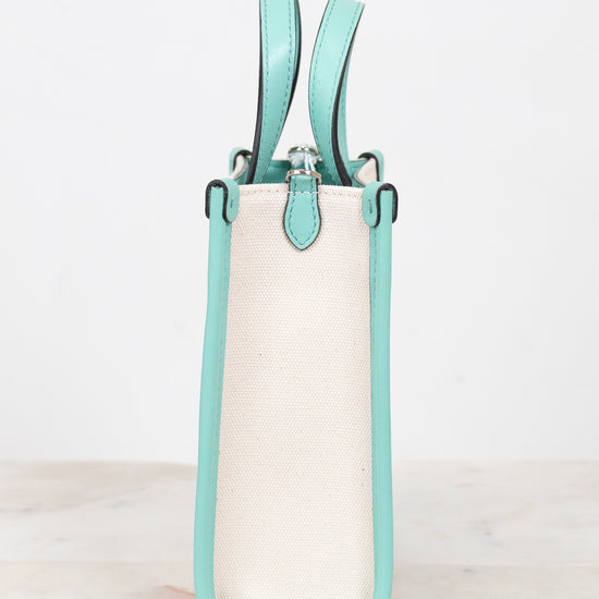 A structured mini tote bag with a cream canvas body and mint green leather trim and handles, standing upright on a light marble surface against a white background.