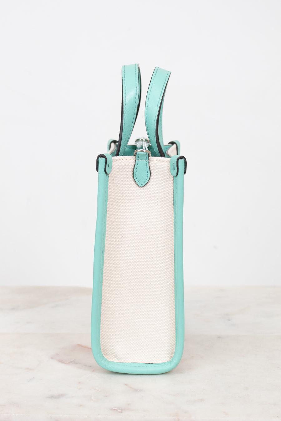 A structured mini tote bag with a cream canvas body and mint green leather trim and handles, standing upright on a light marble surface against a white background.