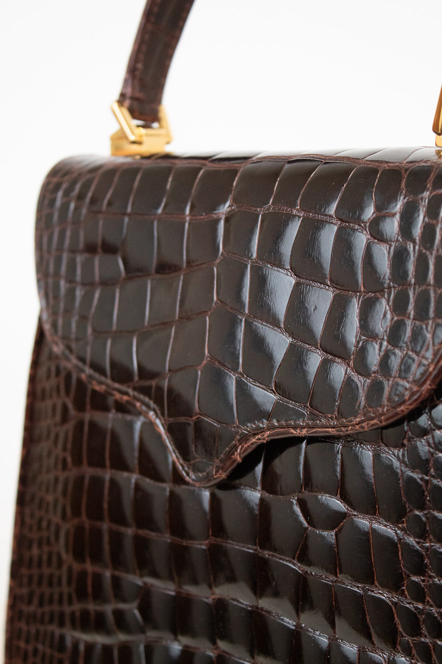 Close-up of a dark brown alligator leather handbag with gold-tone hardware and a top handle against a plain white background.