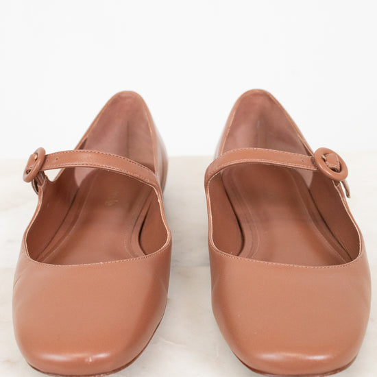 Pair of brown shoes with a strap on a white background