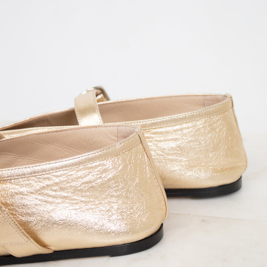 Pair of gold metallic flats on a white background