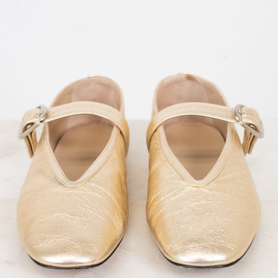 Pair of gold shoes with straps on a white background
