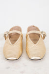 Pair of gold shoes with straps on a white background