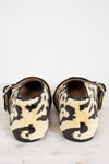 Pair of leopard print shoes on a white background