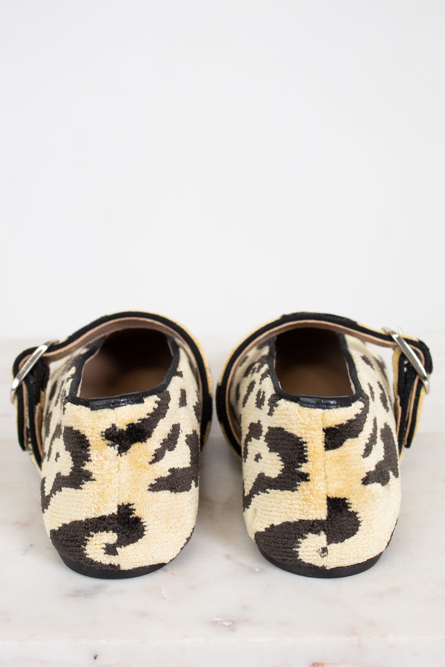 Pair of leopard print shoes on a white background
