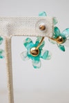 Close-up of turquoise and white marbled flower-shaped cluster earrings with gold-tone backs and posts, displayed on a cream fabric jewelry stand against a light gray background.