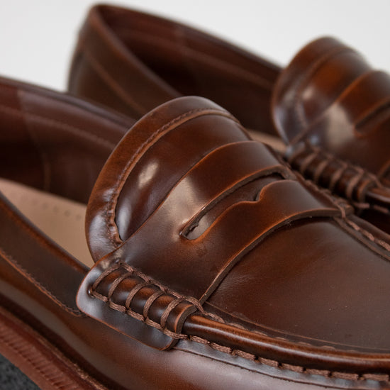 Brown loafers on a light gray background