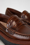 Brown loafers on a light gray background