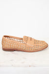 Tan woven loafer shoe on a white background.