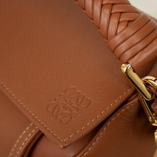 Close-up of a brown leather handbag with braided handle and gold clasp.