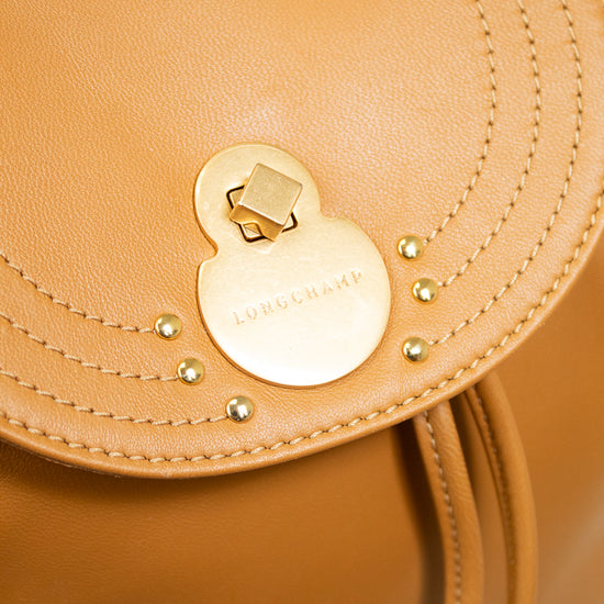 Close-up of a tan leather handbag with a gold clasp and decorative studs.