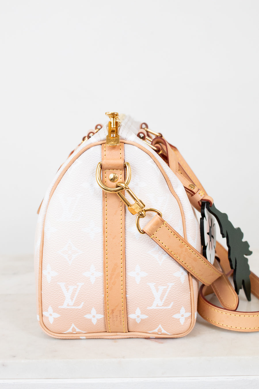 Louis Vuitton handbag with a strap on a white background
